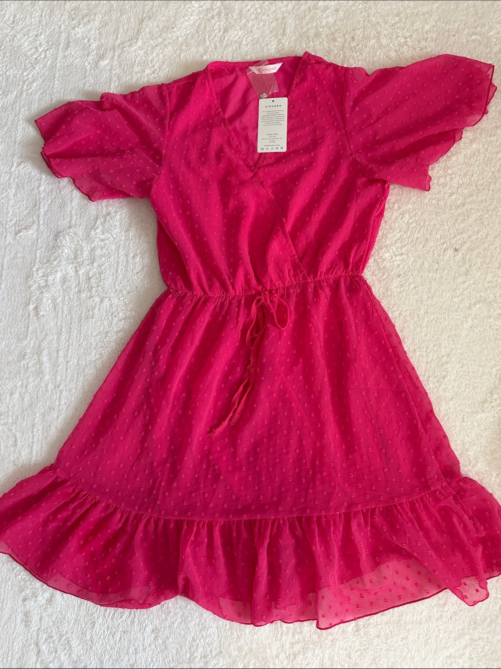 Girls' Fuchsia Swiss Dot Drawstring Waist Dress